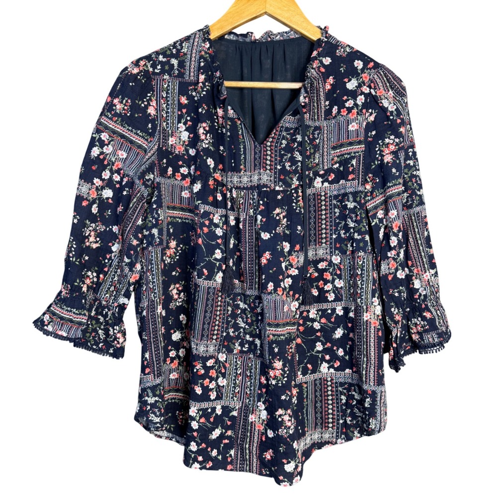 Bloomsbury London Shirt Women S Blue Floral Patchwork Tassel Tie Boho Peasant